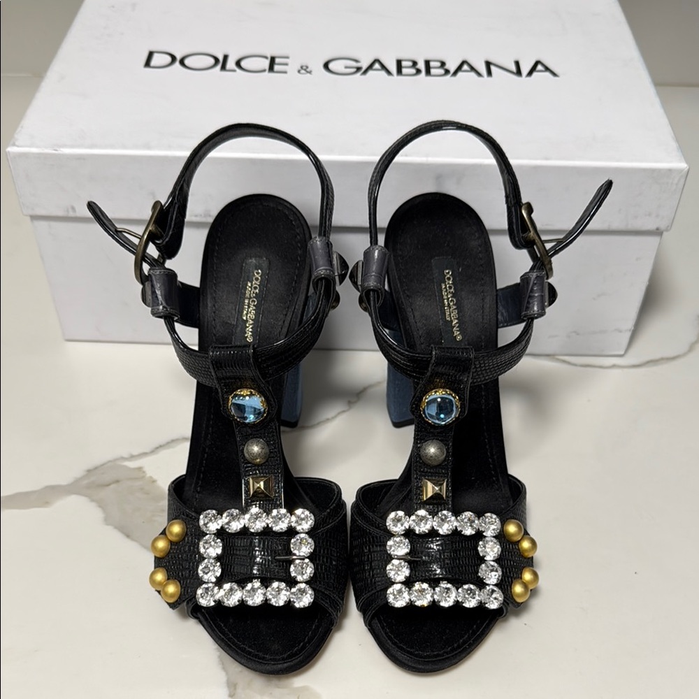 Dolce & Gabbana Crystal Embellished Black Block Heel Sandals 37.5